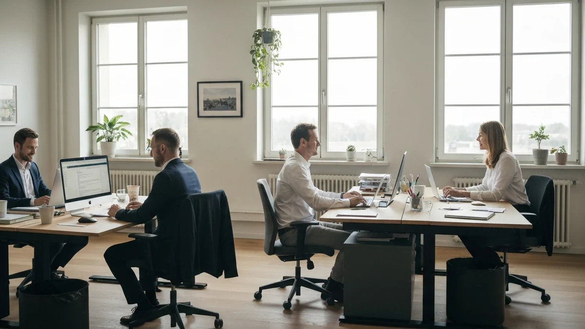 Führungskraft plant Arbeitszeitmodell am Schreibtisch mit Kalender und Laptop im modernen Büro