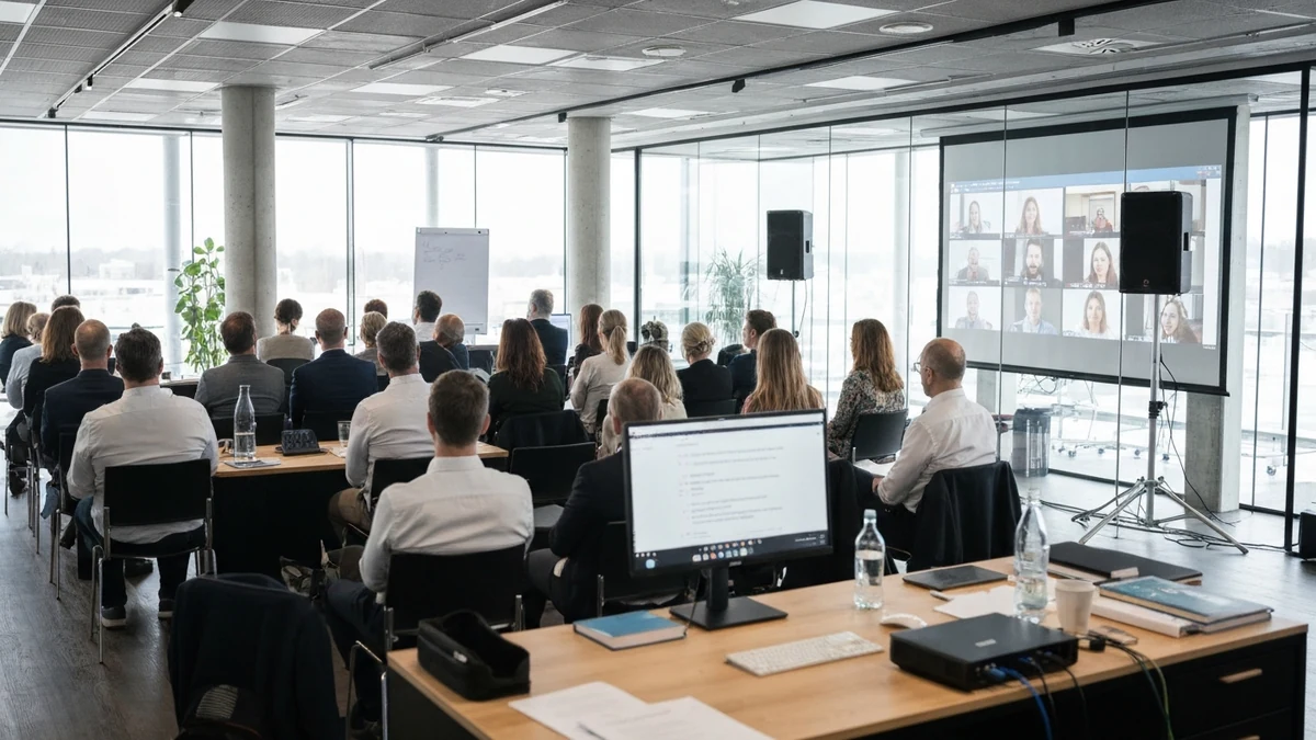 Moderner Konferenzraum mit Kamera für hybrides Event