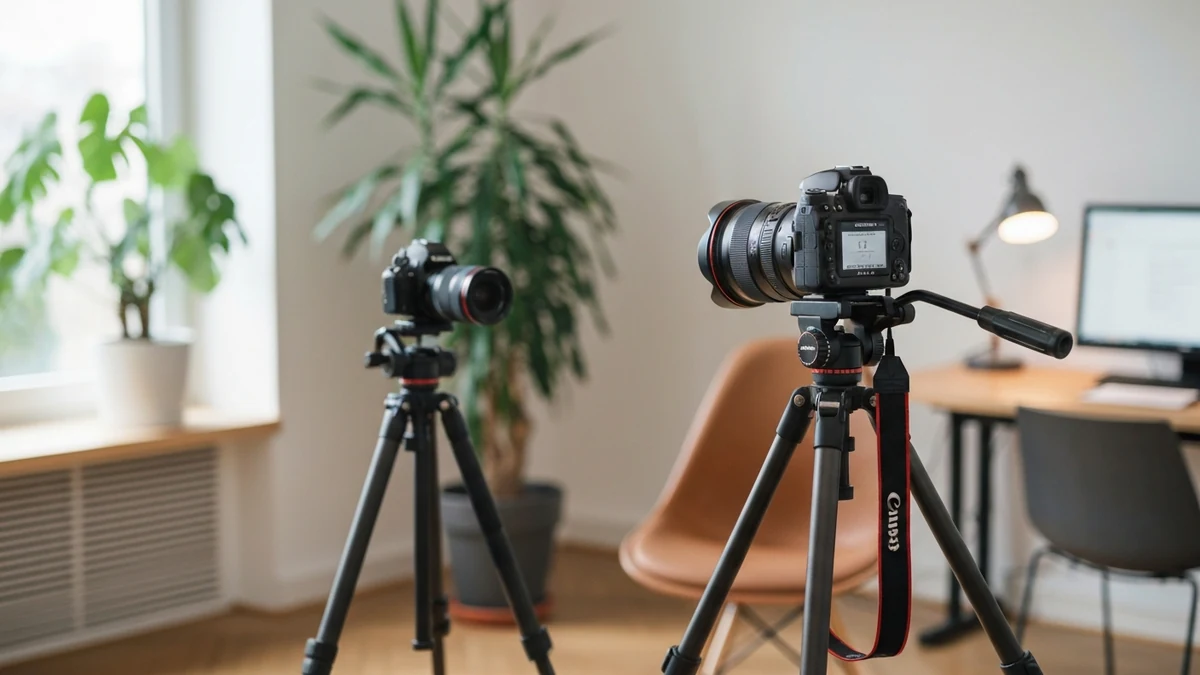 Mann steht entspannt vor einer Kamera im Studio