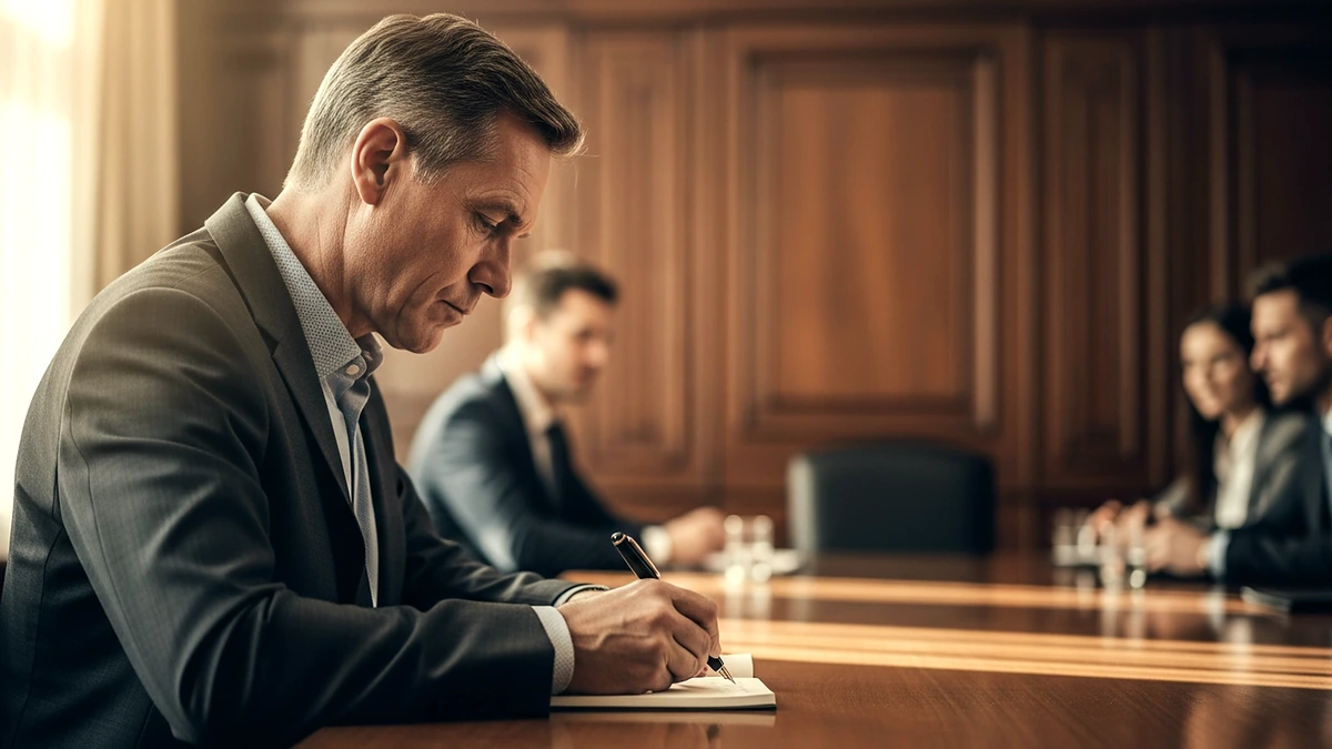 Führungskraft notiert strategische Überlegungen während einer Besprechung im Konferenzraum