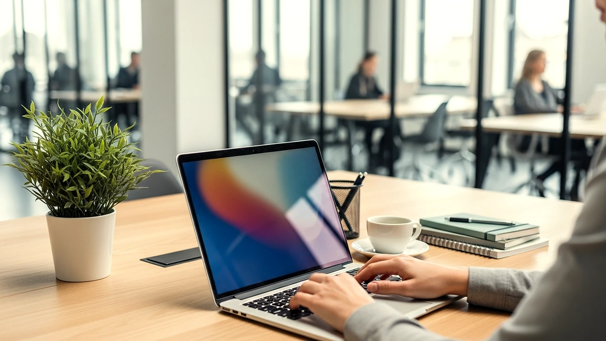 Moderne Büroarbeit am Laptop in einem offenen Arbeitsumfeld