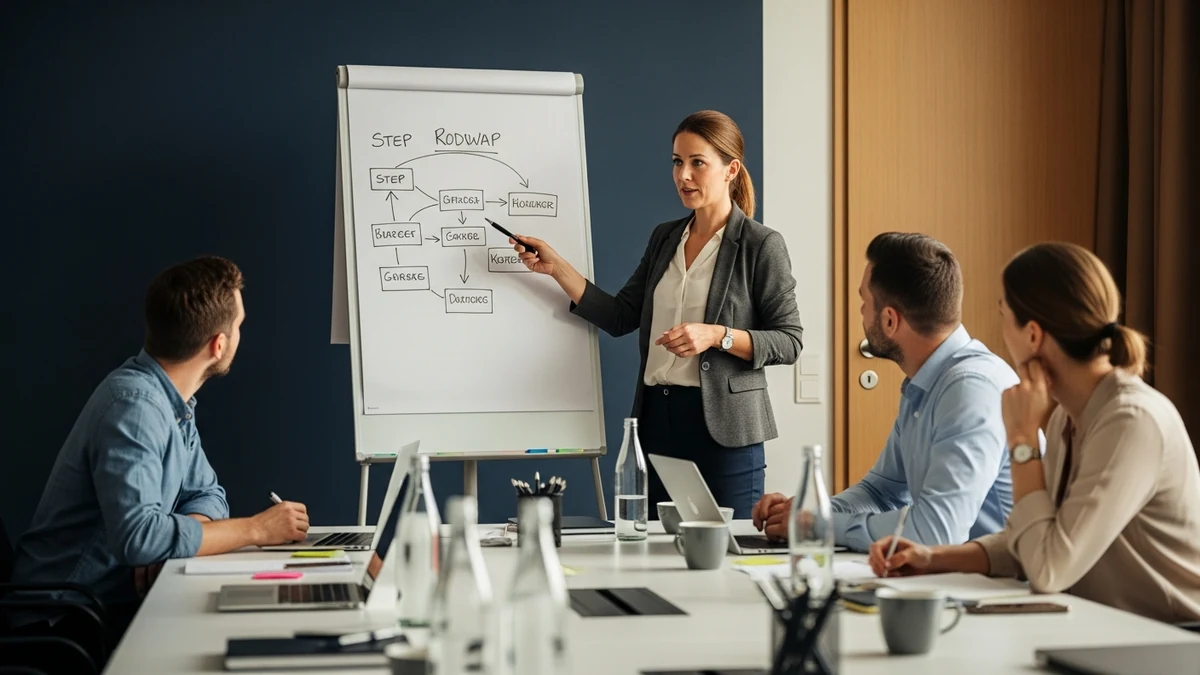 Team diskutiert KI-Einführung an einem Whiteboard
