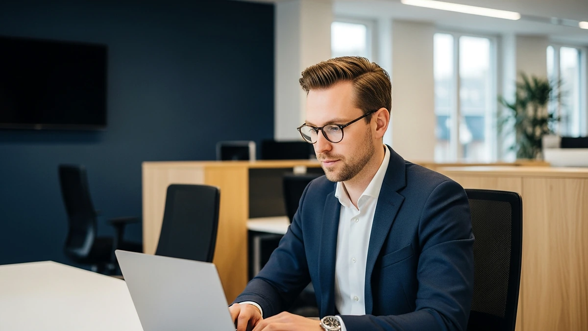 Mann sitzt neben drei Robotern