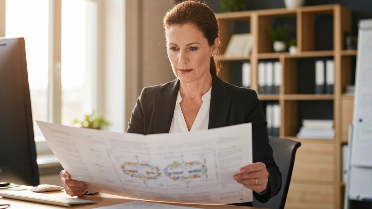 Führungskraft prüft strategische Übersicht am Stehpult