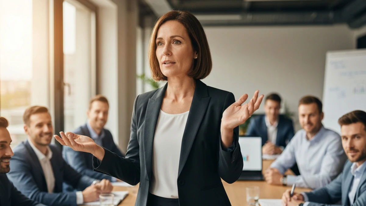 Führungskraft steht selbstbewusst vor ihrem Team