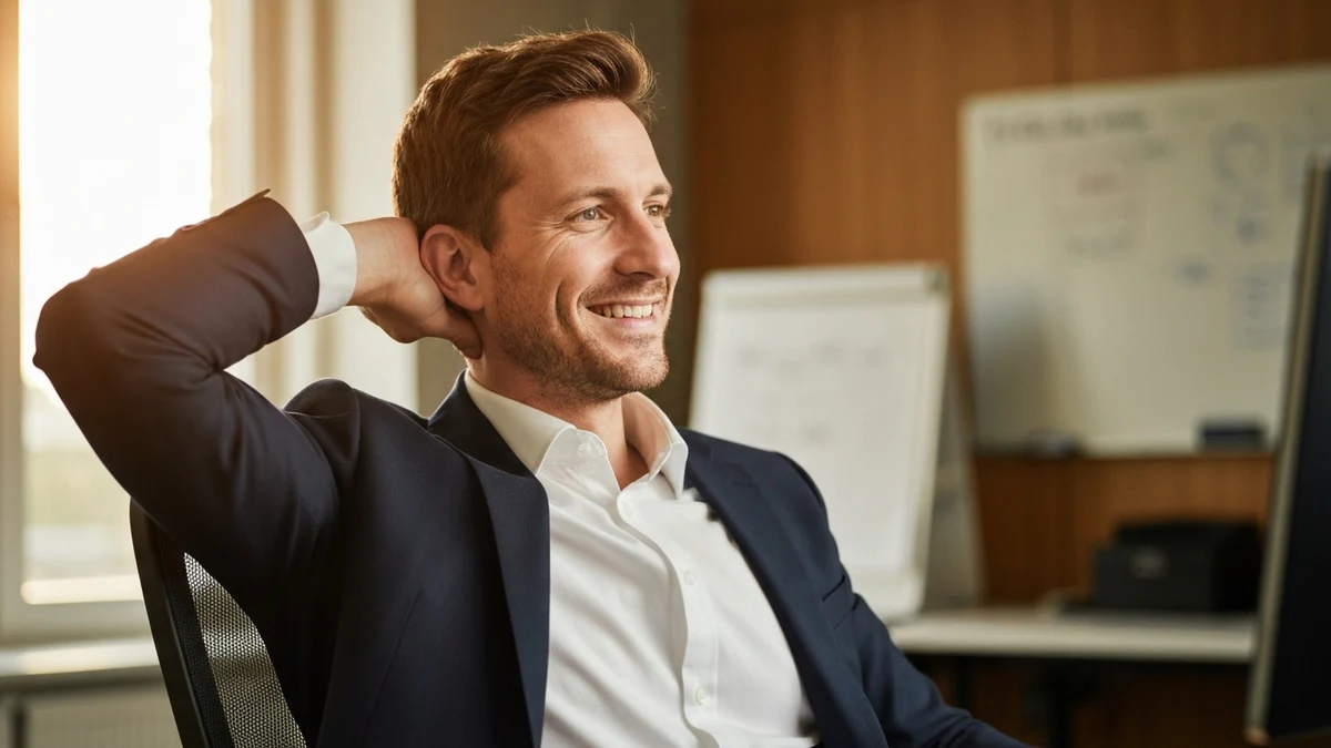 Mann lehnt entspannt in seinem Bürostuhl und lächelt