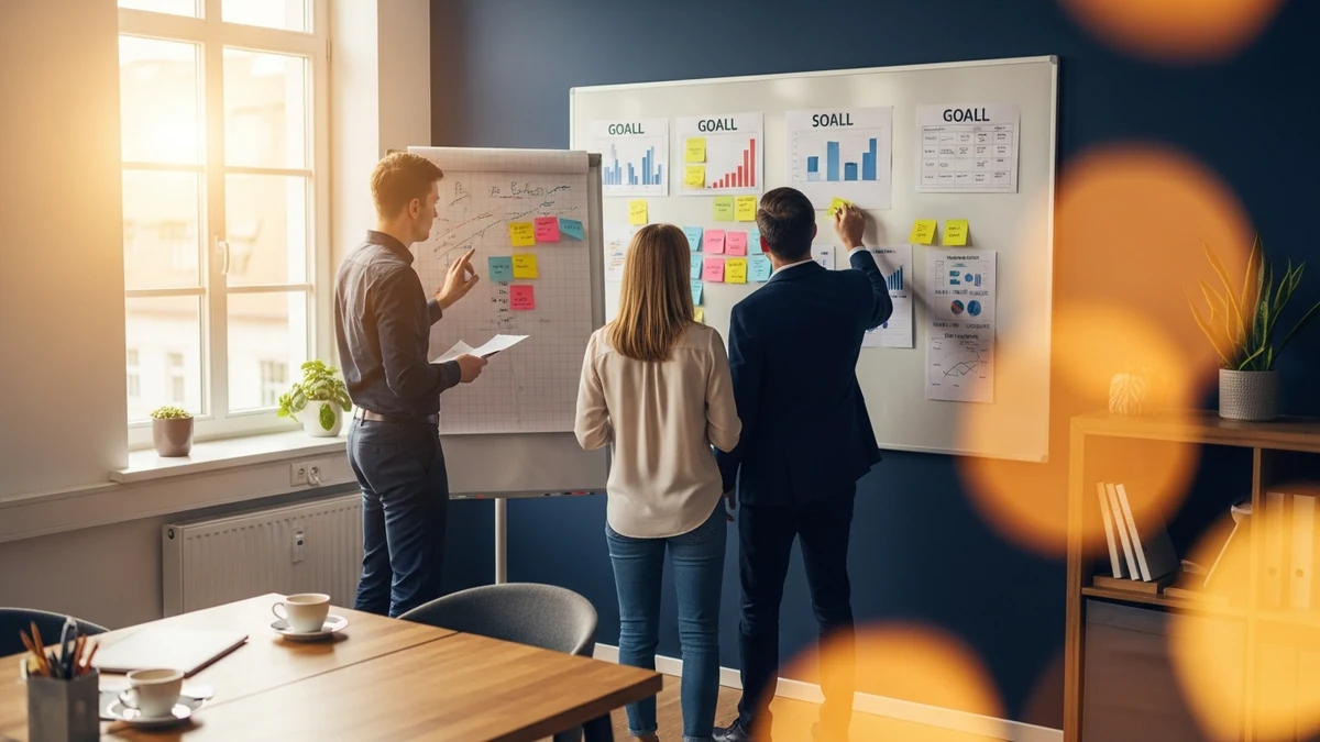 Team arbeitet gemeinsam an Zielen am Whiteboard