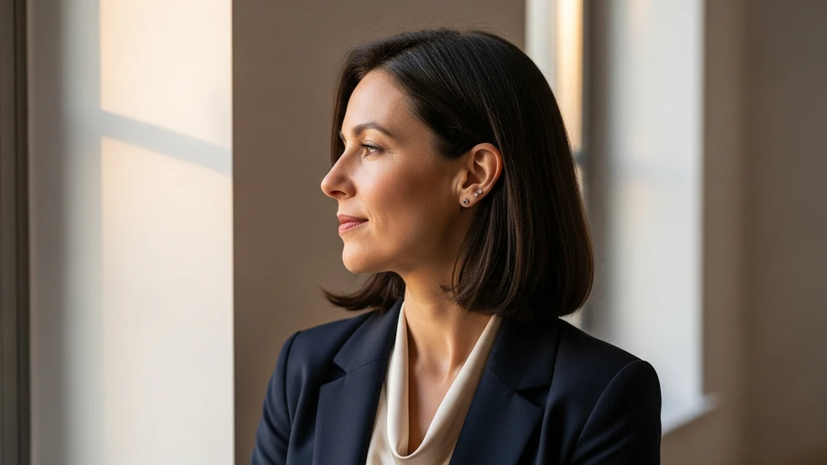 Führungskraft blickt nachdenklich aus dem Bürofenster