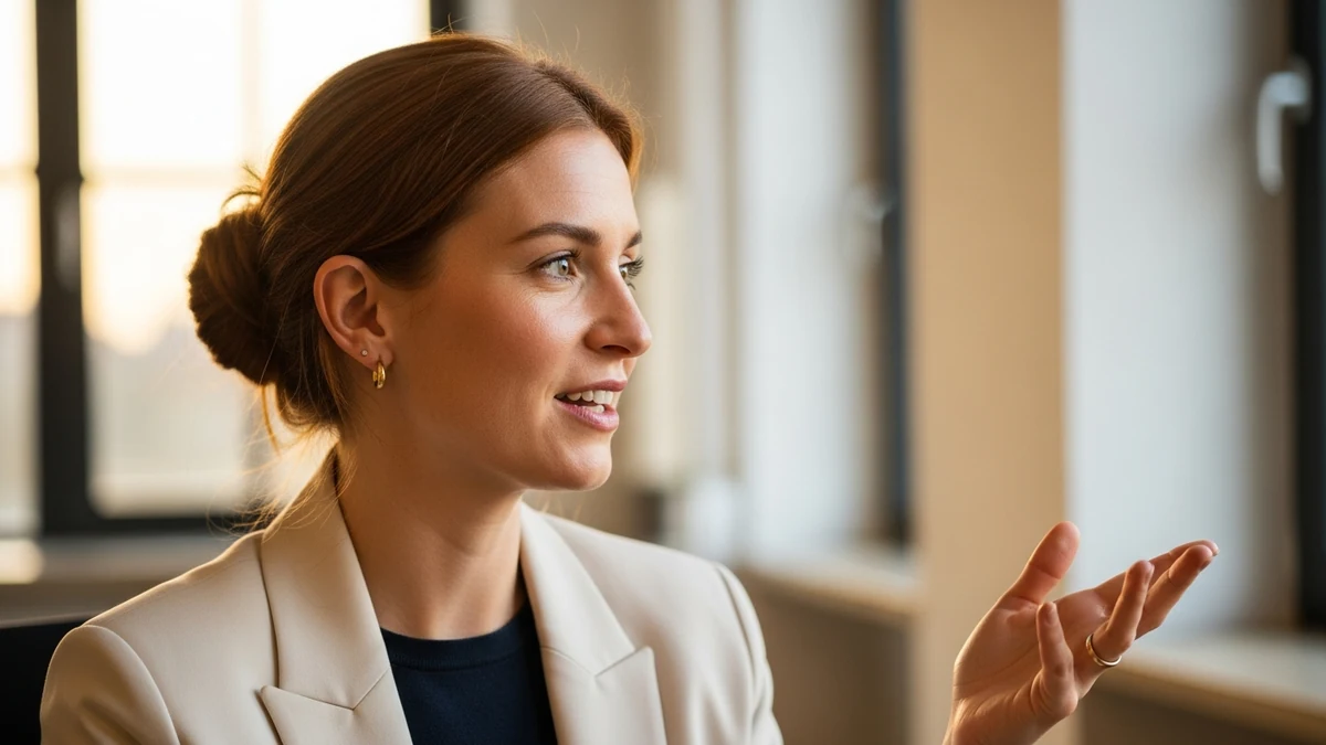Junge Frau gestikuliert selbstbewusst im Gespräch