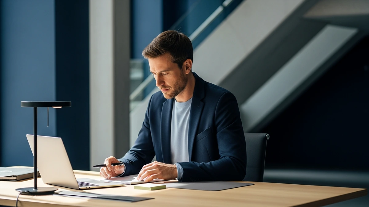 Redner präsentiert selbstbewusst mit offener Körpersprache vor Publikum