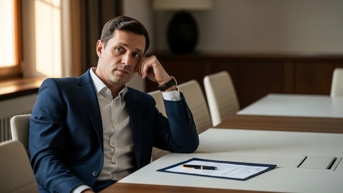 Einkäufer blickt nachdenklich auf einen unterzeichneten Kaufvertrag, Moment der Reflexion nach der Entscheidung