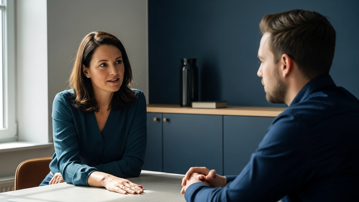 Frau zeigt bewusste Körpersprache-Geste in professionellem Kontext