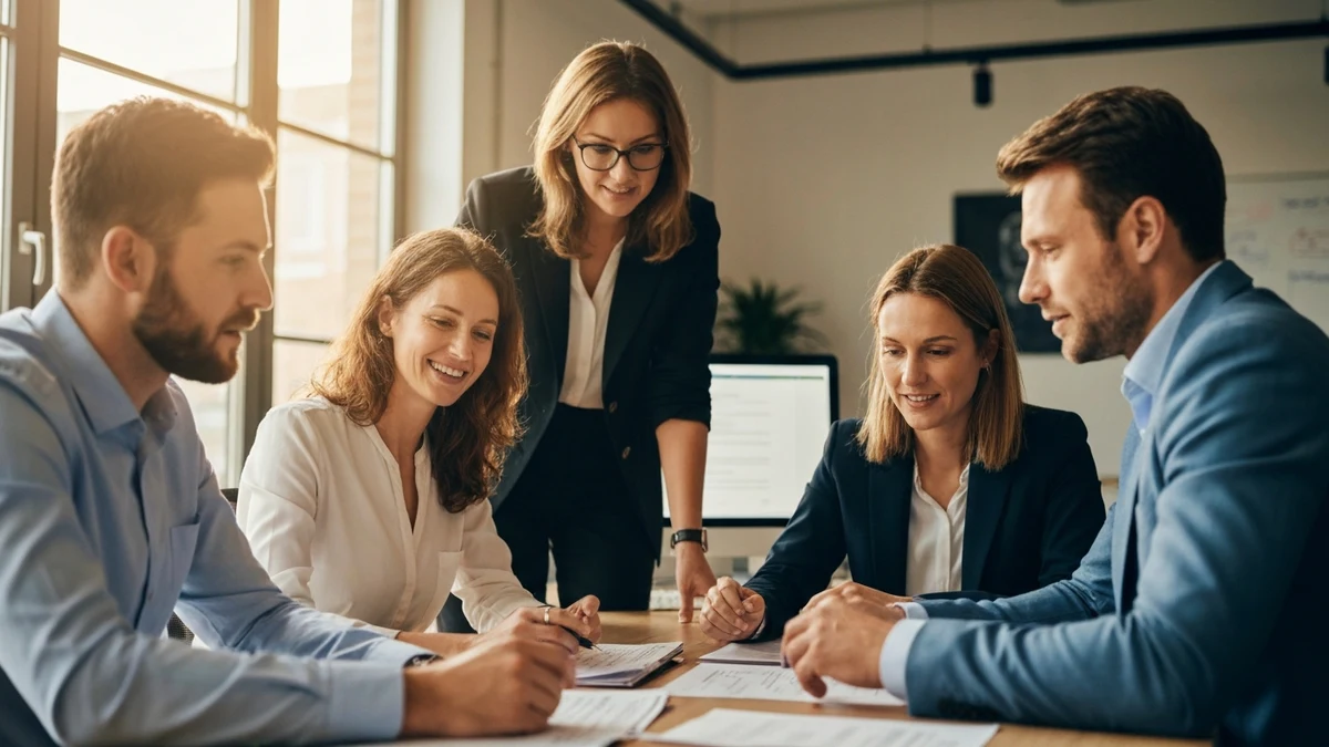 Eine Gruppe von Fachkräften arbeitet gemeinsam an einem Projekt