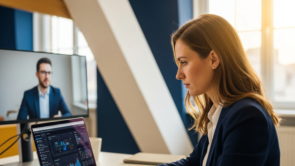 Vertriebsmitarbeiterin nutzt KI-Analyse-Tool auf einem Laptop während eines hybriden Kundenmeetings