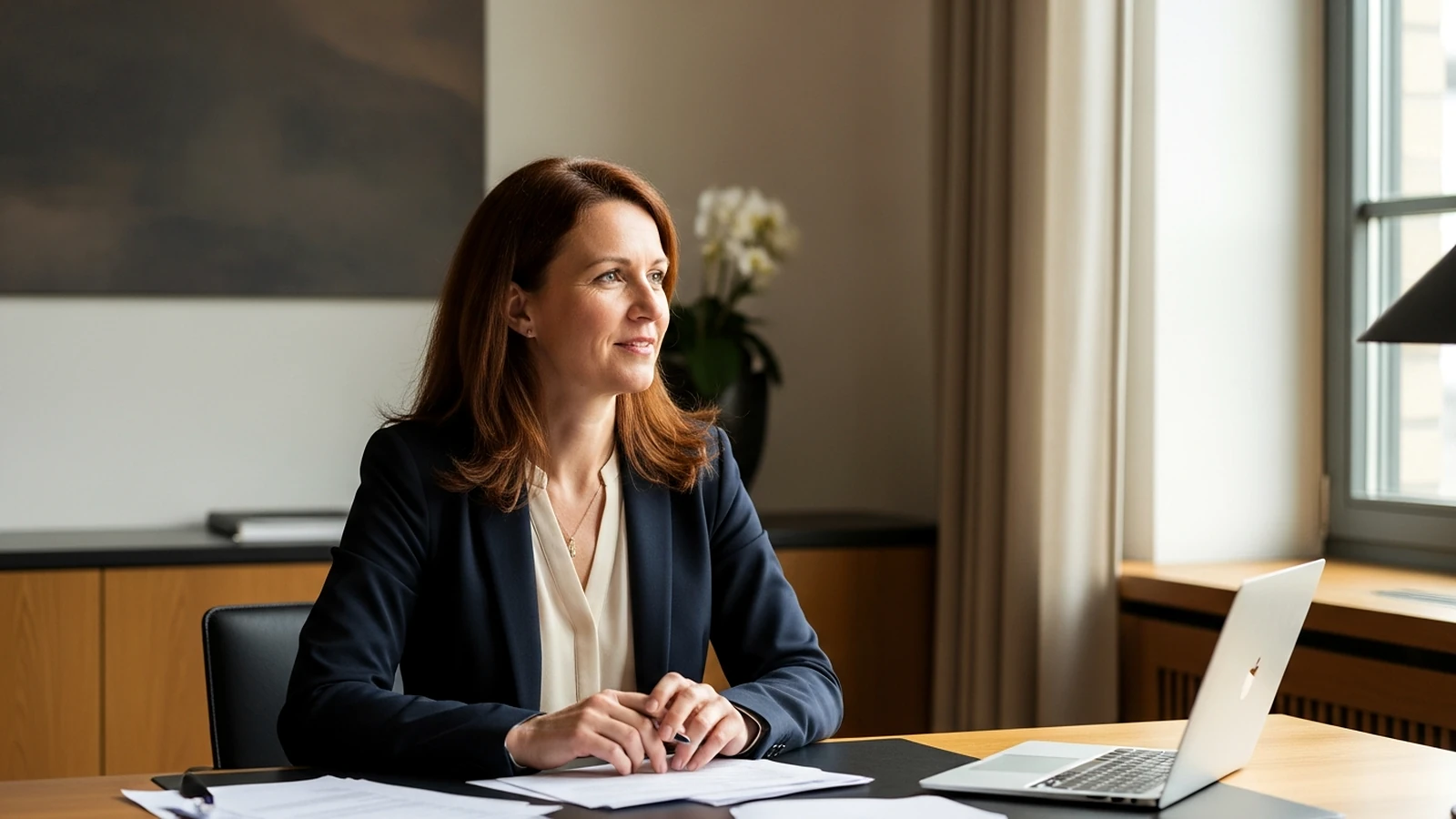 Führungskraft am Schreibtisch nach einem erfolgreichen Gespräch