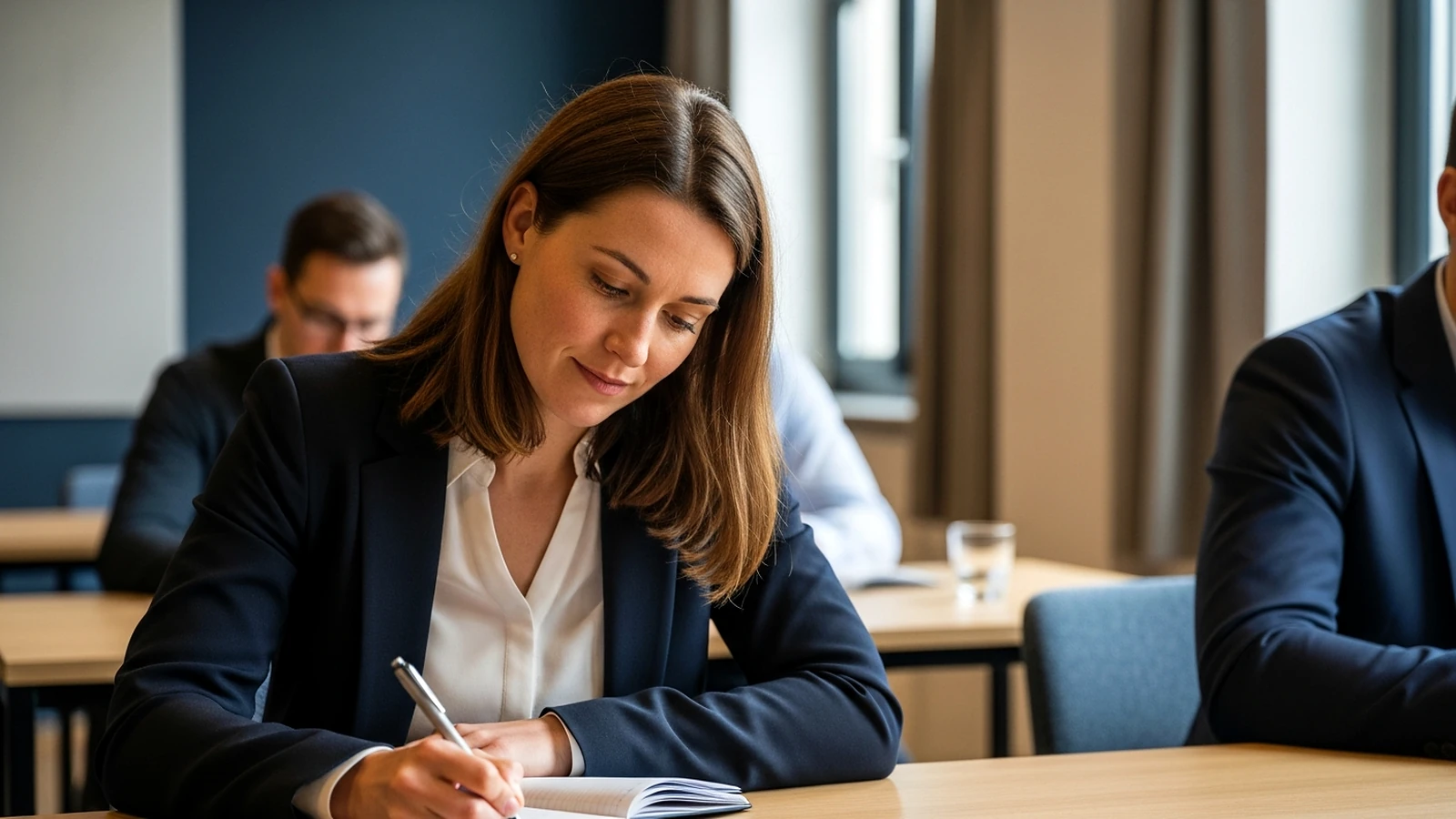 Teilnehmerin macht sich konzentriert Notizen in einem modernen Seminarraum