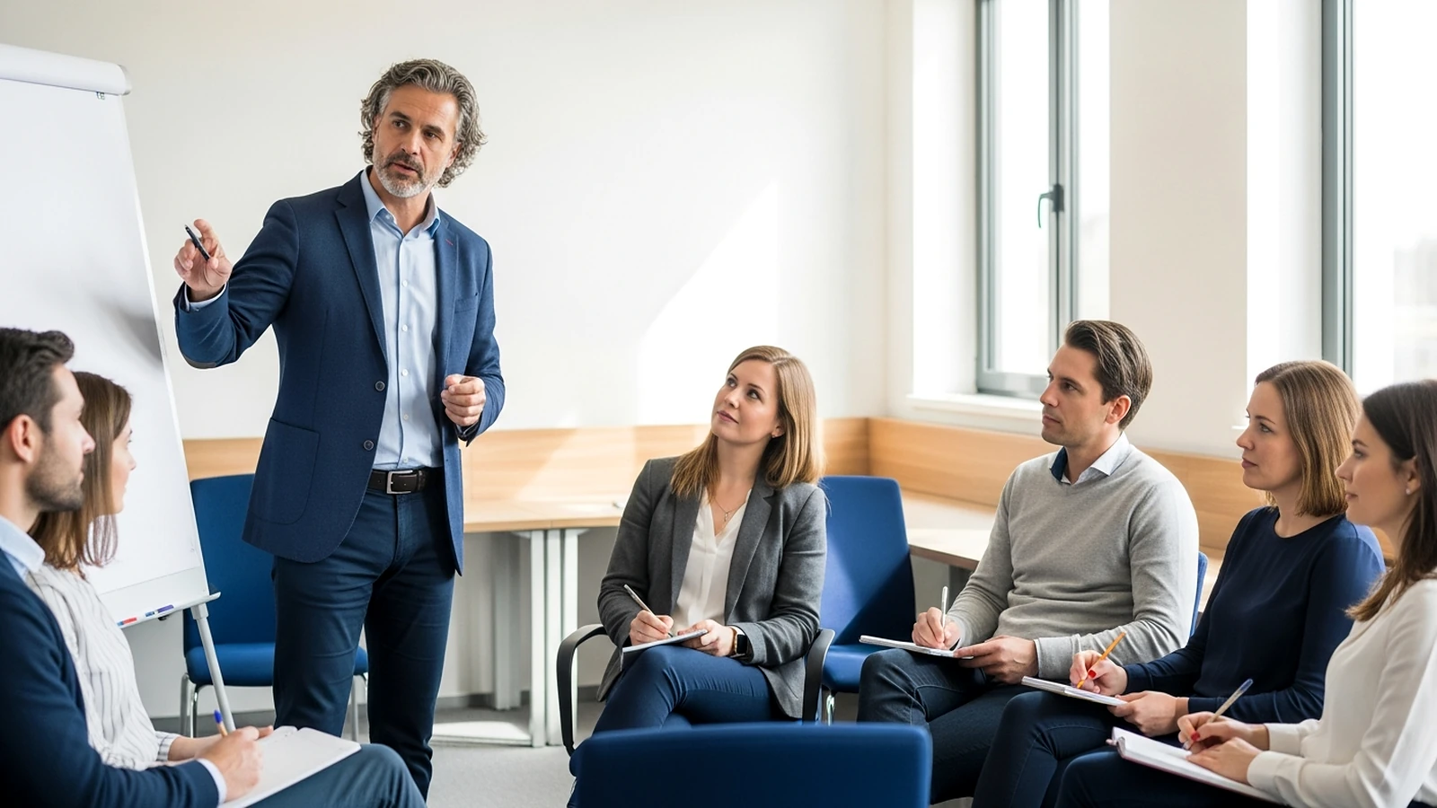 Trainer im Gespräch mit einer kleinen Gruppe von Fach- und Führungskräften im Workshop